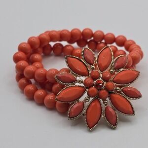 Vintage 2 Strand Plastic Beaded Bracelet Coral Stretch Flower Jewelry Boho Bloom